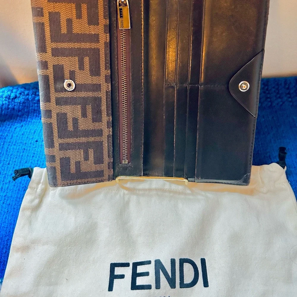 Fendi Zucca FF Chocolate Leather - Canvas Print Long Wallet With Dust Bag - Picture 4 of 9